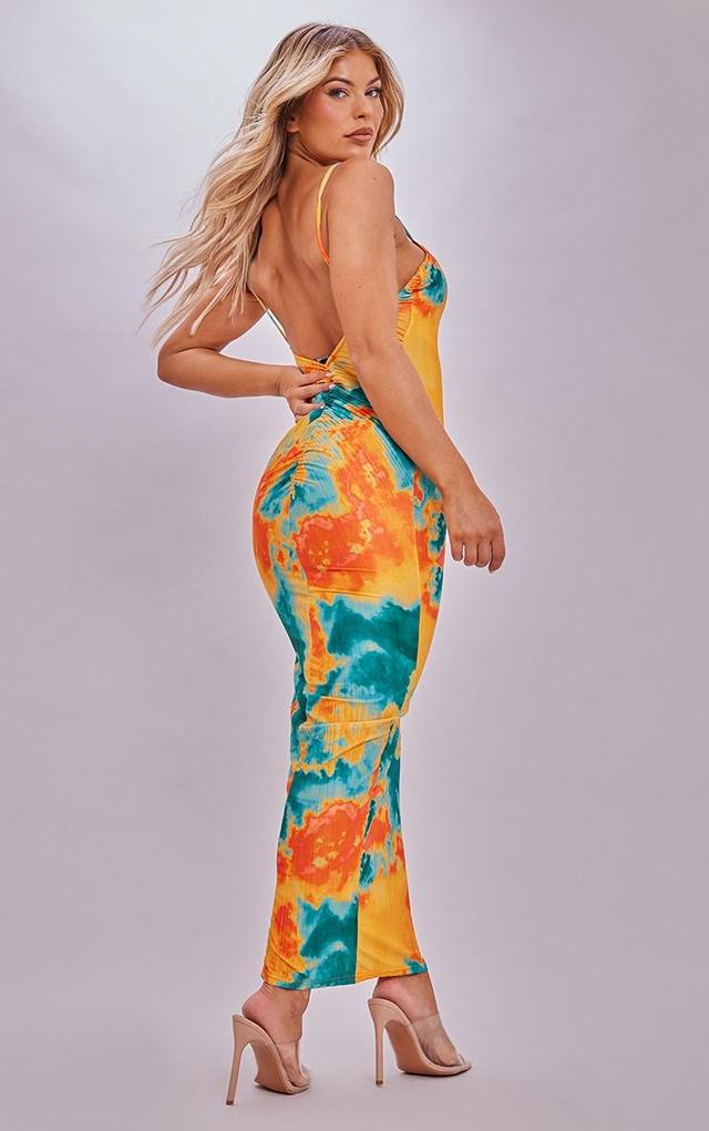 Blue Abstract Plisse Wired Plunge Ruched Bum Maxi Dress Product Image