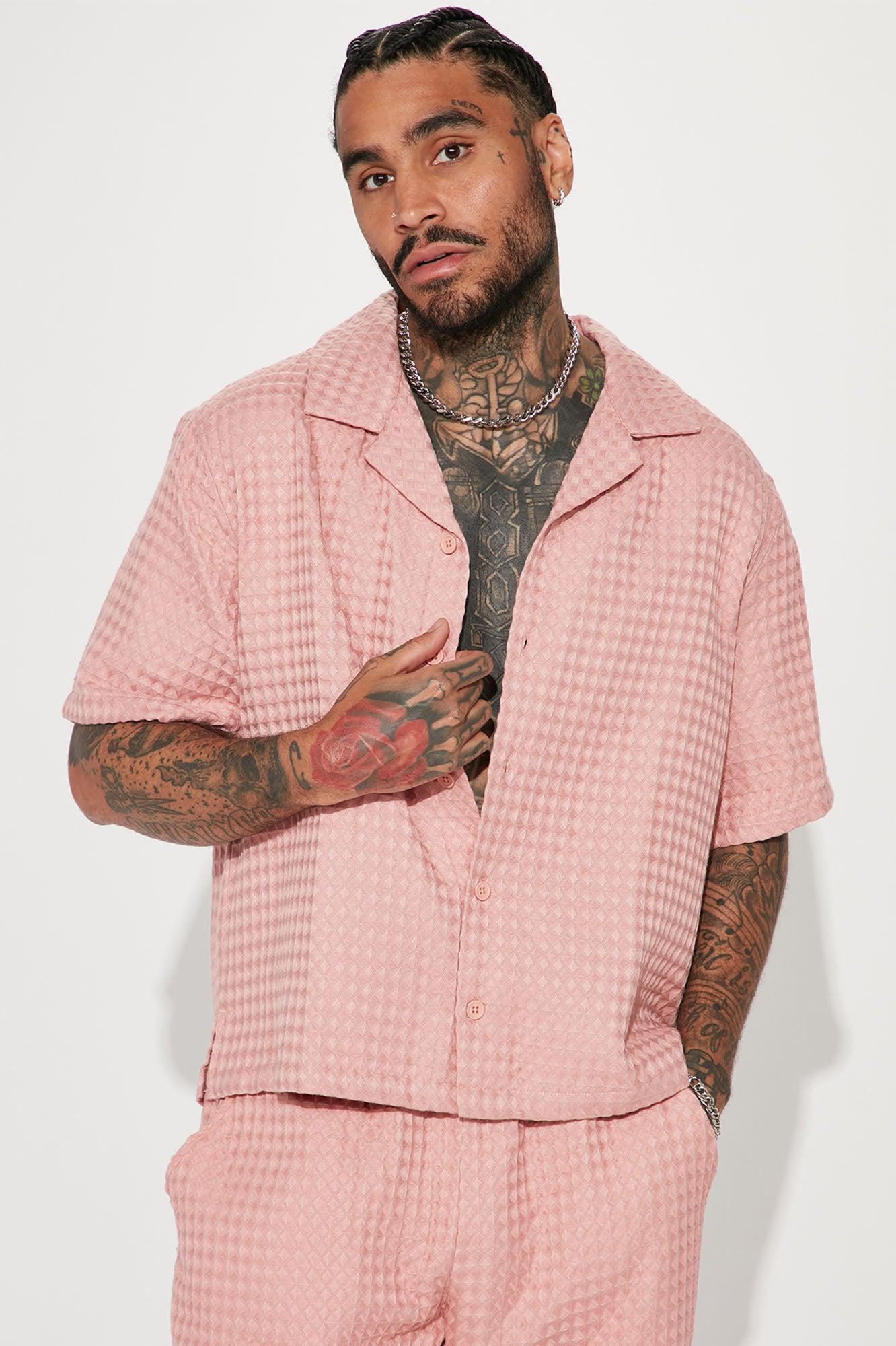 Waffle Knit Textured Button Up Shirt - Mauve Product Image