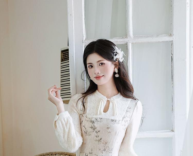 Mock Two-Piece Long-Sleeve Floral Print Midi A-Line Dress Product Image