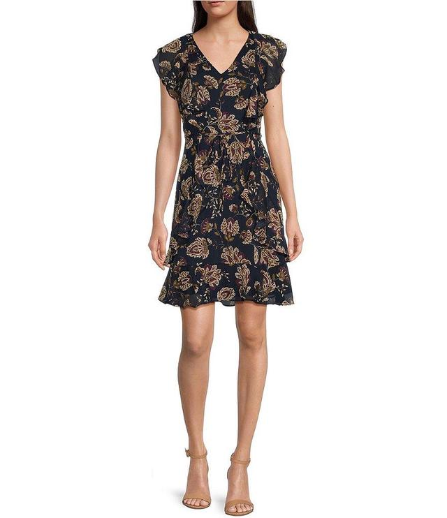 Tommy Hilfiger Floral Print V-Neck Short Sleeve Ruffled A-Line Dress Product Image