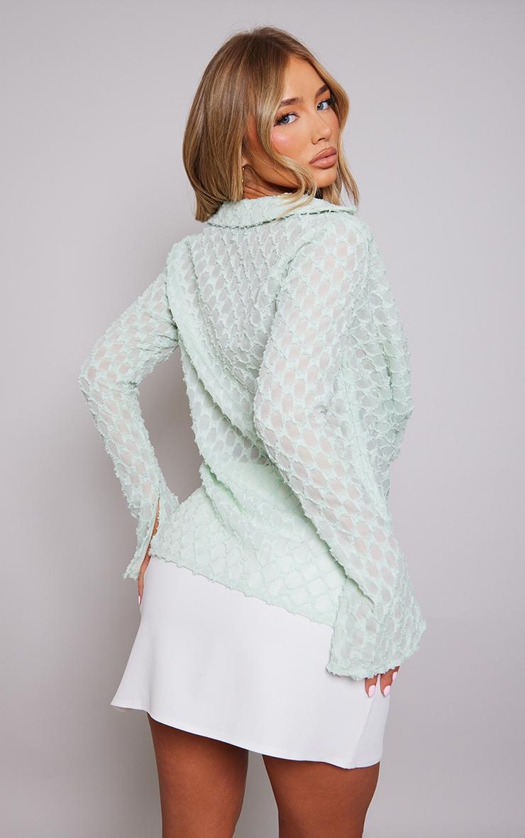 Sage Textured Woven Plunge Split Sleeve Shirt Product Image