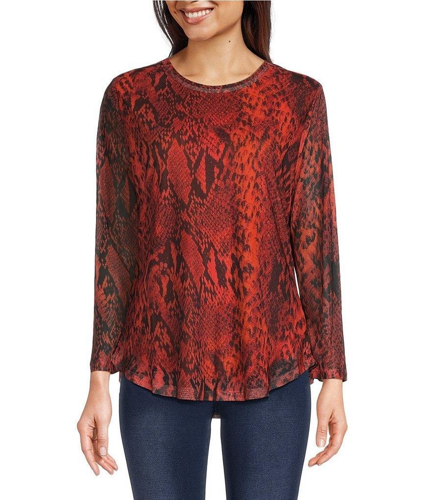 Calessa Printed Stretch Mesh Crew Neck Long Sleeve Blouse product image