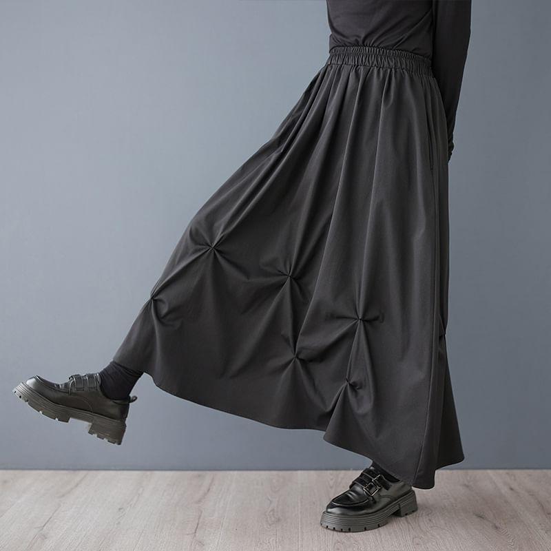 High Rise Plain Ruched Maxi A-Line Skirt Product Image