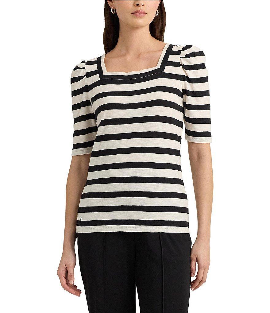 Lauren Ralph Lauren Stripe Square Neckline Short Puff Sleeve Tee Product Image