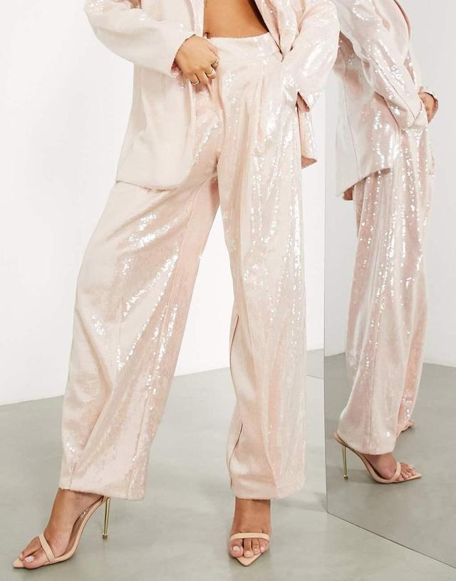 ASOS EDITION pleat front sequin pants in blush Product Image