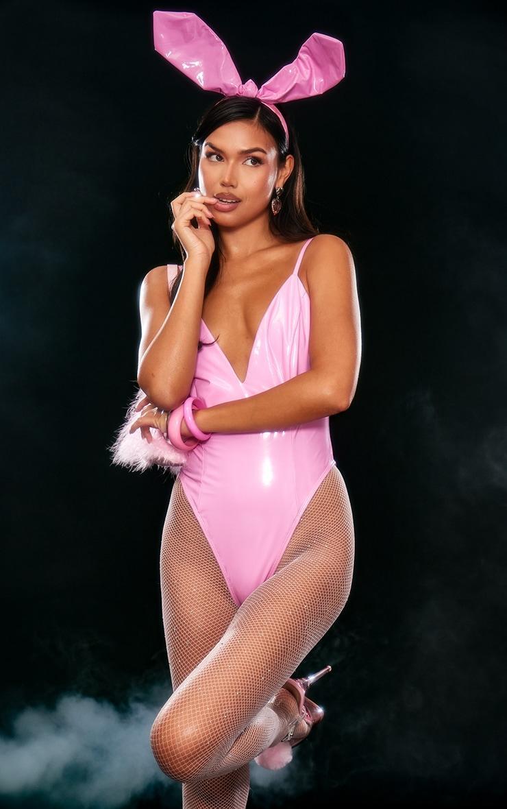 Pink Vinyl Bodysuit And Bunny Ears Fancy Dress Costume Product Image