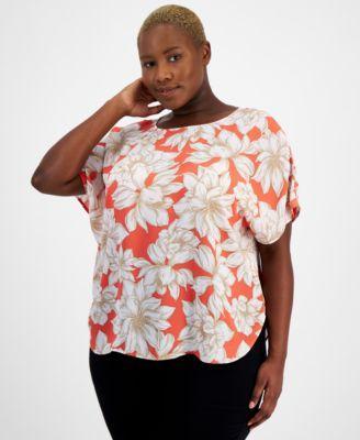 Plus Size Dot-Print Bateau-Neck Short-Sleeve Blouse Product Image