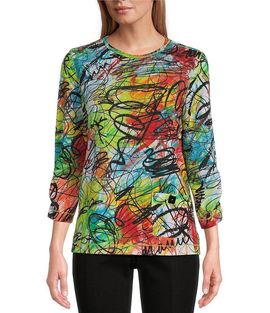 Multiples Petite Size Abstract Print Slub Knit Round Neck 3/4 Bungee Sleeve 1-Pocket Top Product Image