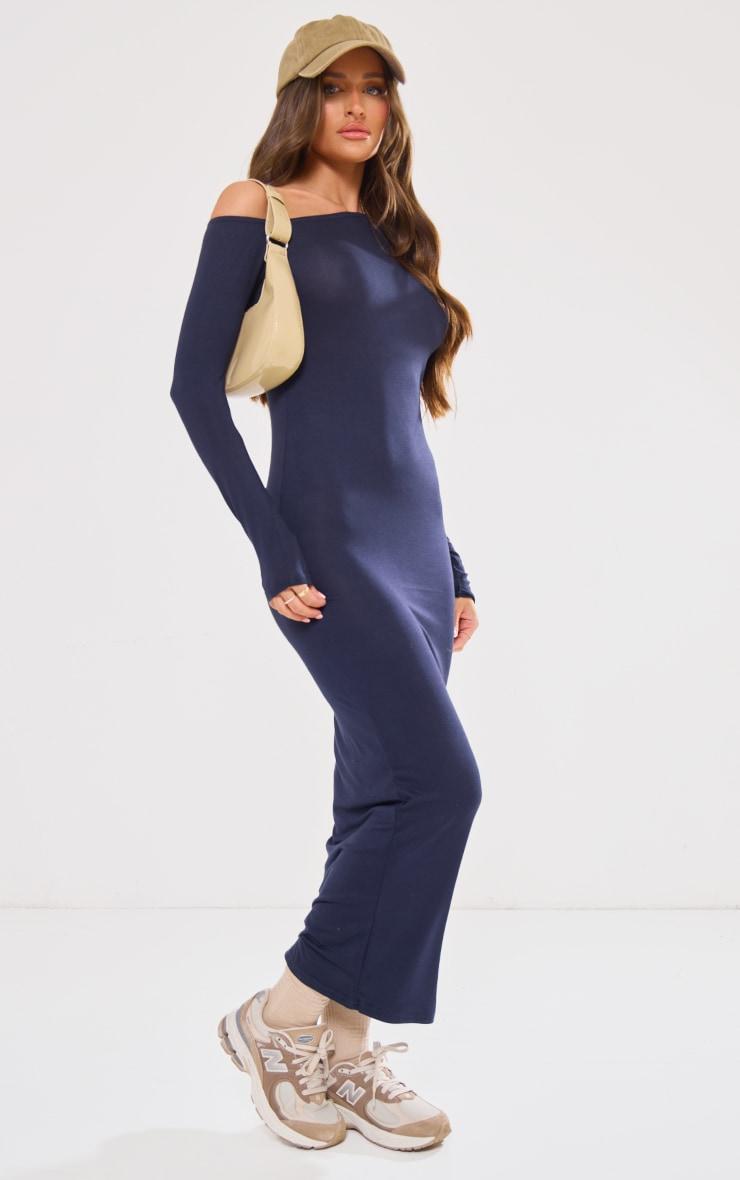 Navy Asymmetric Neck Split Detail Maxi Dress Product Image