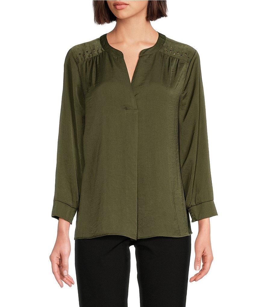 Investments Woven Inverted Pleat V-Neck 3/4 Sleeve Embellished Top Product Image