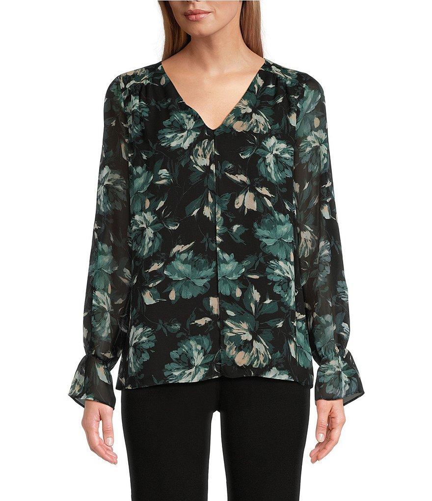 Kasper Floral Double Layer Long Puff Sleeve V-Neck Blouse product image