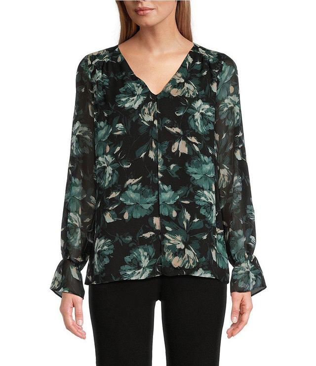 Kasper Floral Double Layer Long Puff Sleeve V-Neck Blouse Product Image