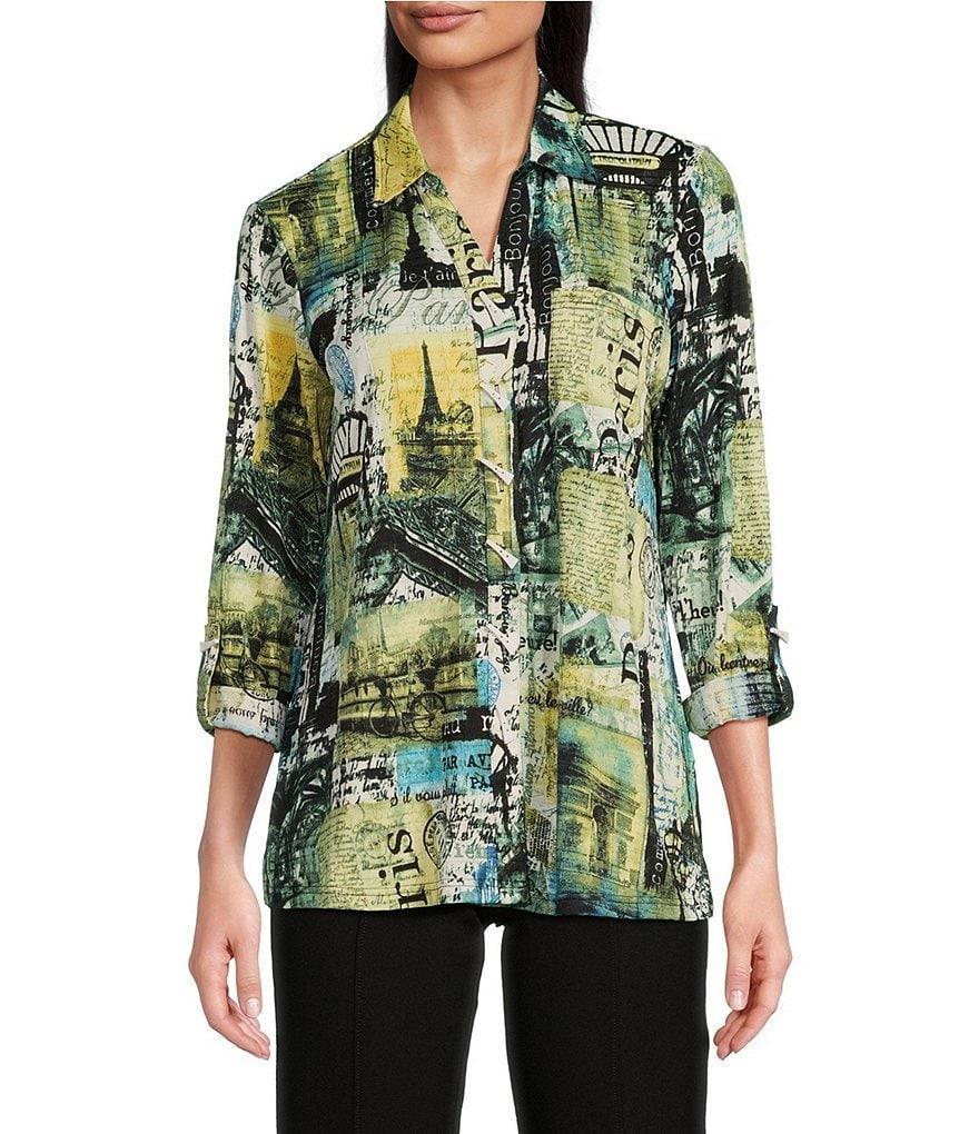 Ali Miles Printed Knit Jacquard Point Collar Neckline 3/4 Sleeve Tunic Product Image