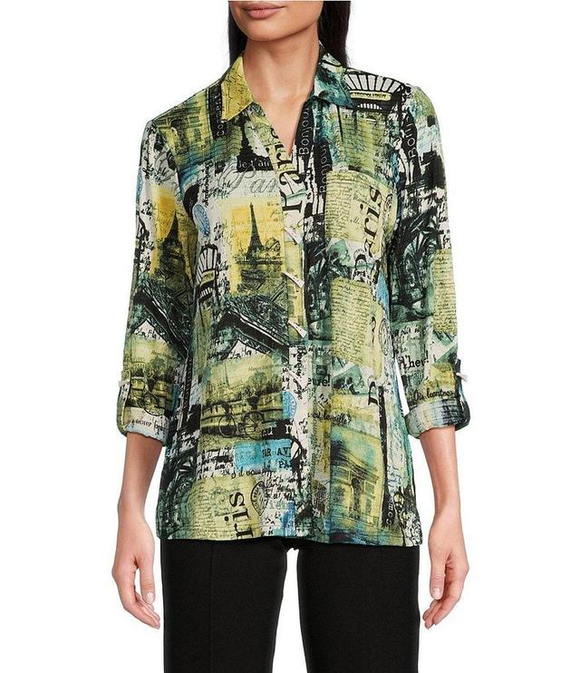 Ali Miles Printed Knit Jacquard Point Collar Neckline 3/4 Sleeve Tunic Product Image