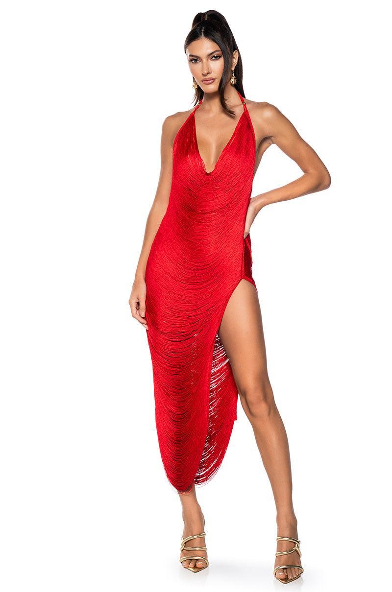 GIANINA FRINGED COWL NECK MAXI DRESS IN RED Product Image