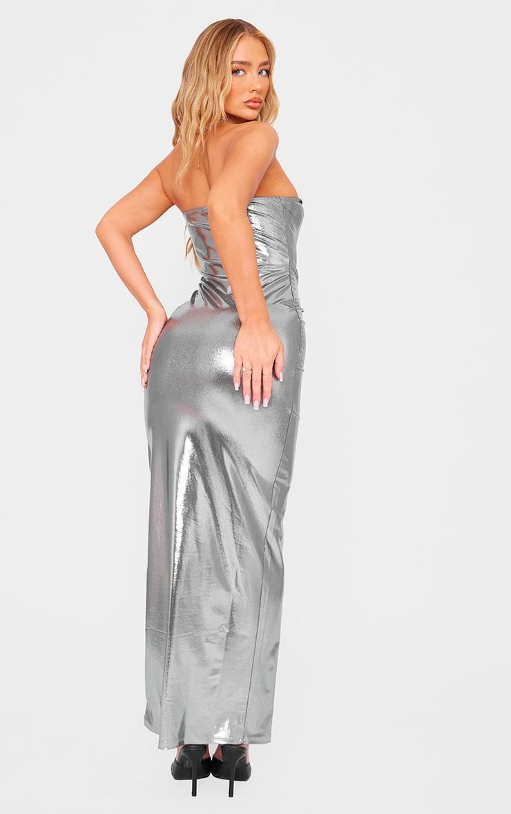 Silver Metallic Slinky Bandeau Bodycon Maxi Dress Product Image