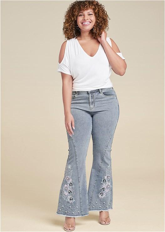 Floral Applique Wide Leg Jeans Product Image