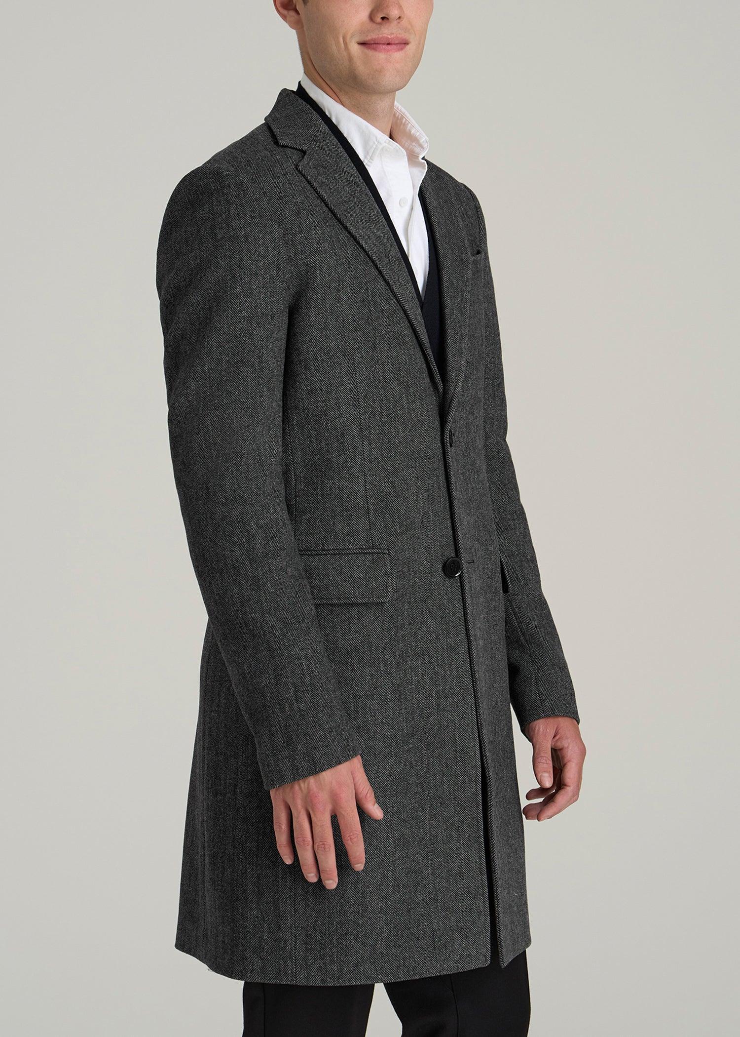 Wool Coat for Tall Men in Grey and Black Herringbone Product Image