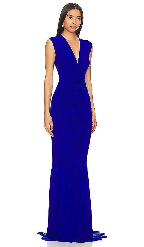 Norma Kamali Sleeveless Deep V Neck Shirred Front Fishtail Gown Royal. (also in S). Product Image