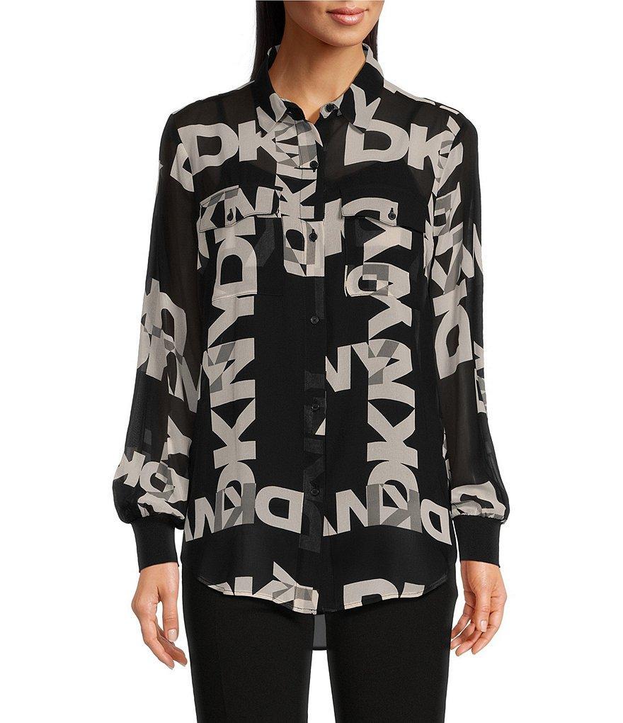 DKNY by Donna Karan Logo Printed Chiffon Button Front Shirt Product Image