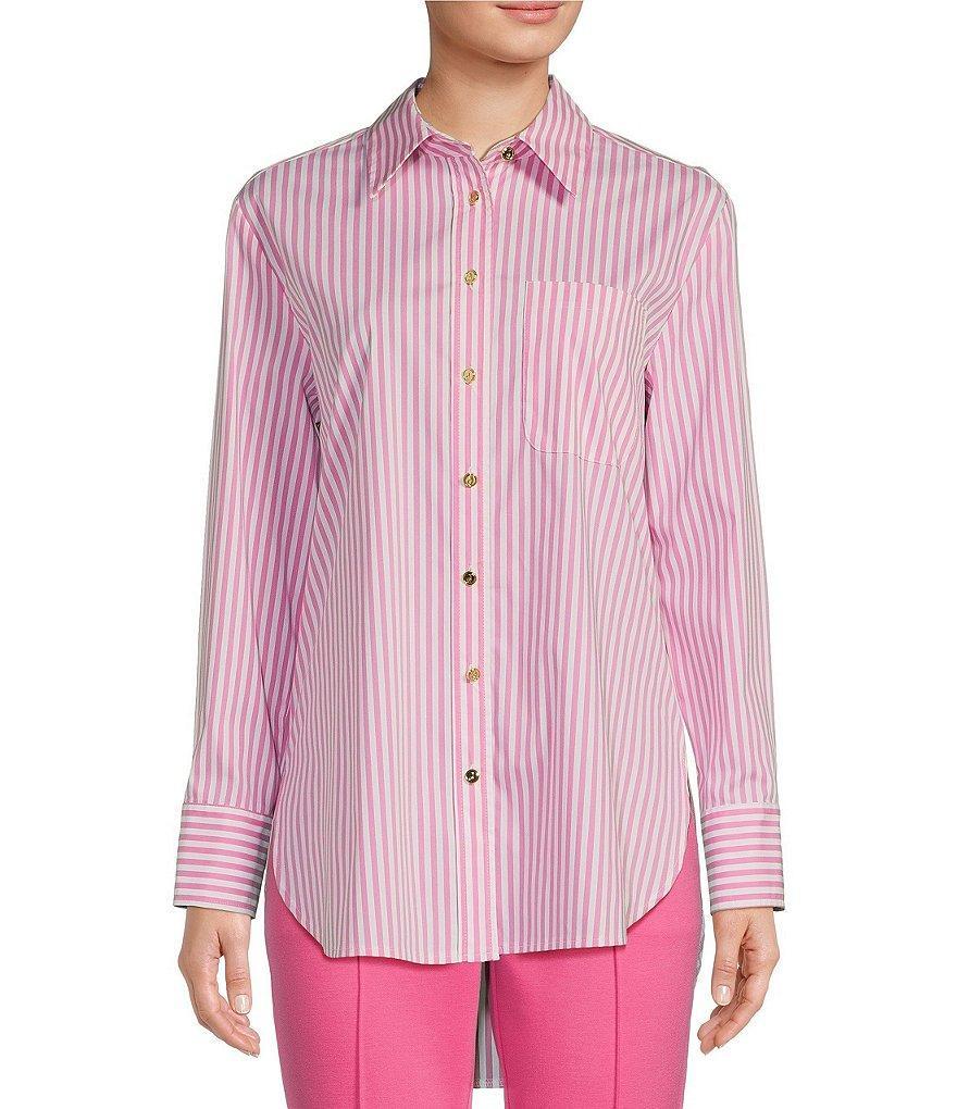 Jude Connally Kimber Cotton Stripe Point Collar Curved High-Low Long Sleeve Button-Front Shirt Product Image