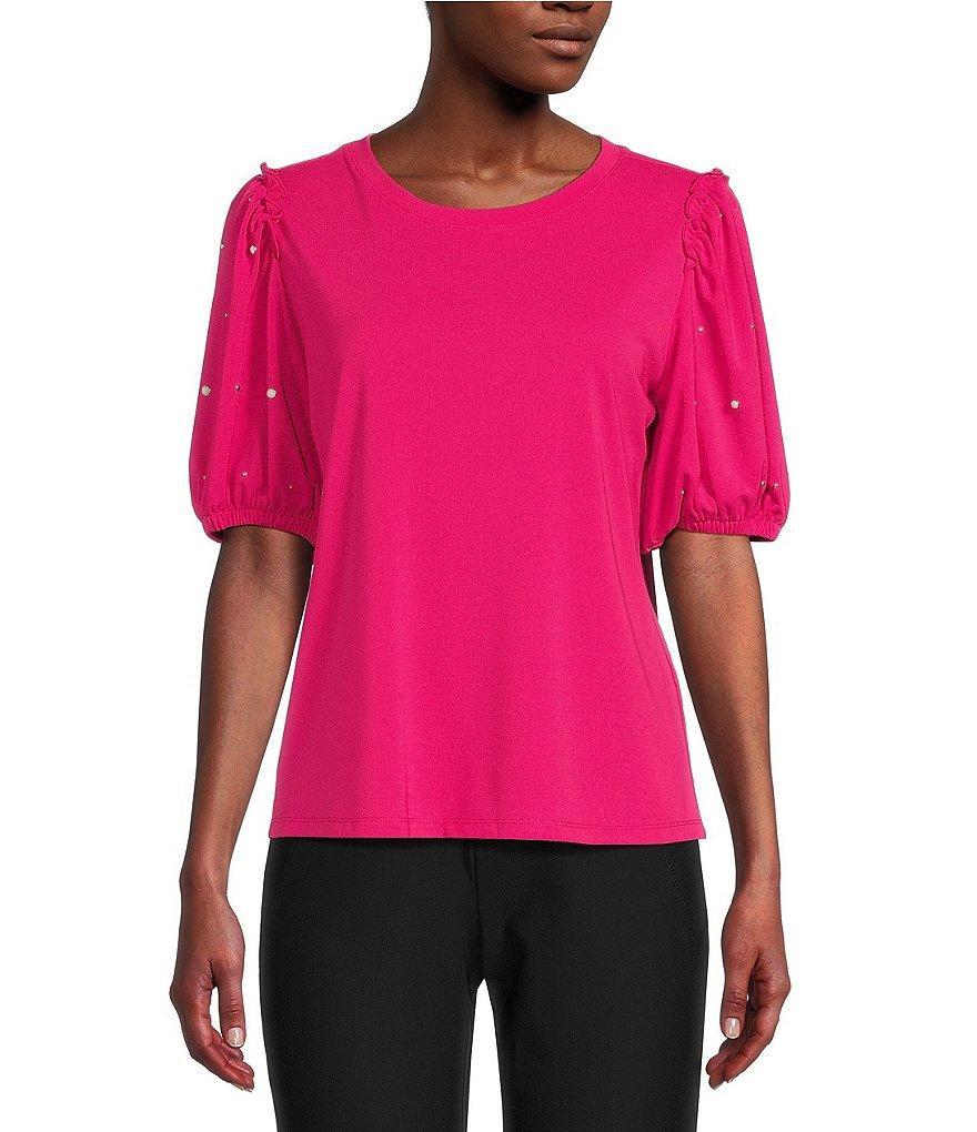 KARL LAGERFELD PARIS Crew Neck Embellished Short Puff Sleeve Top Product Image