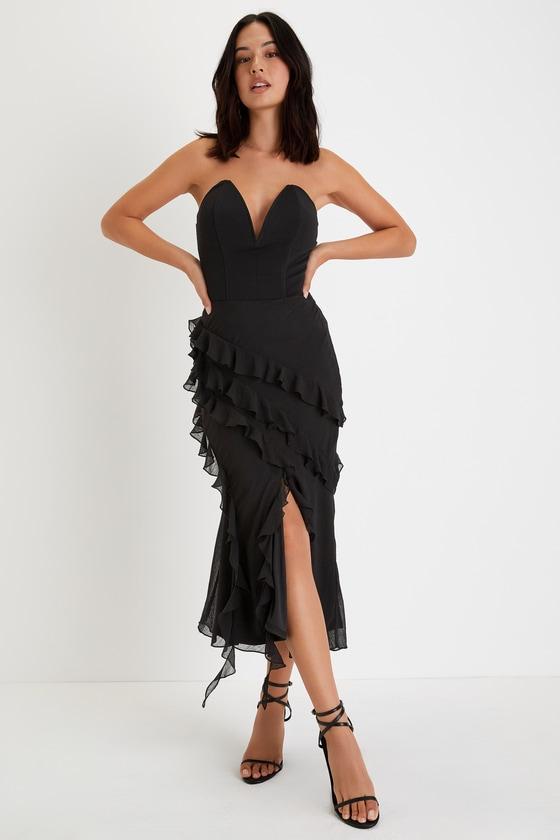 Stunning Scenario Black Chiffon Ruffled Asymmetrical Midi Skirt product image