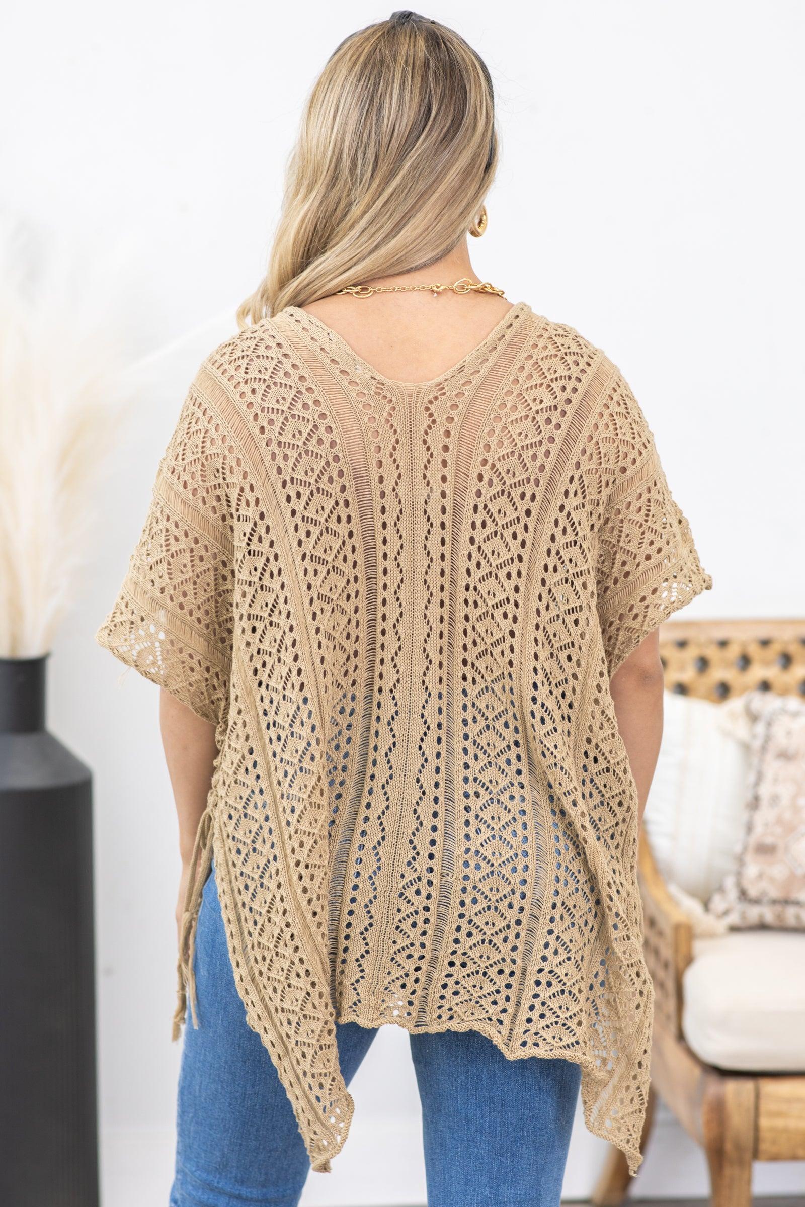 Dark Tan Drawstring Detail Crochet Pullover Product Image