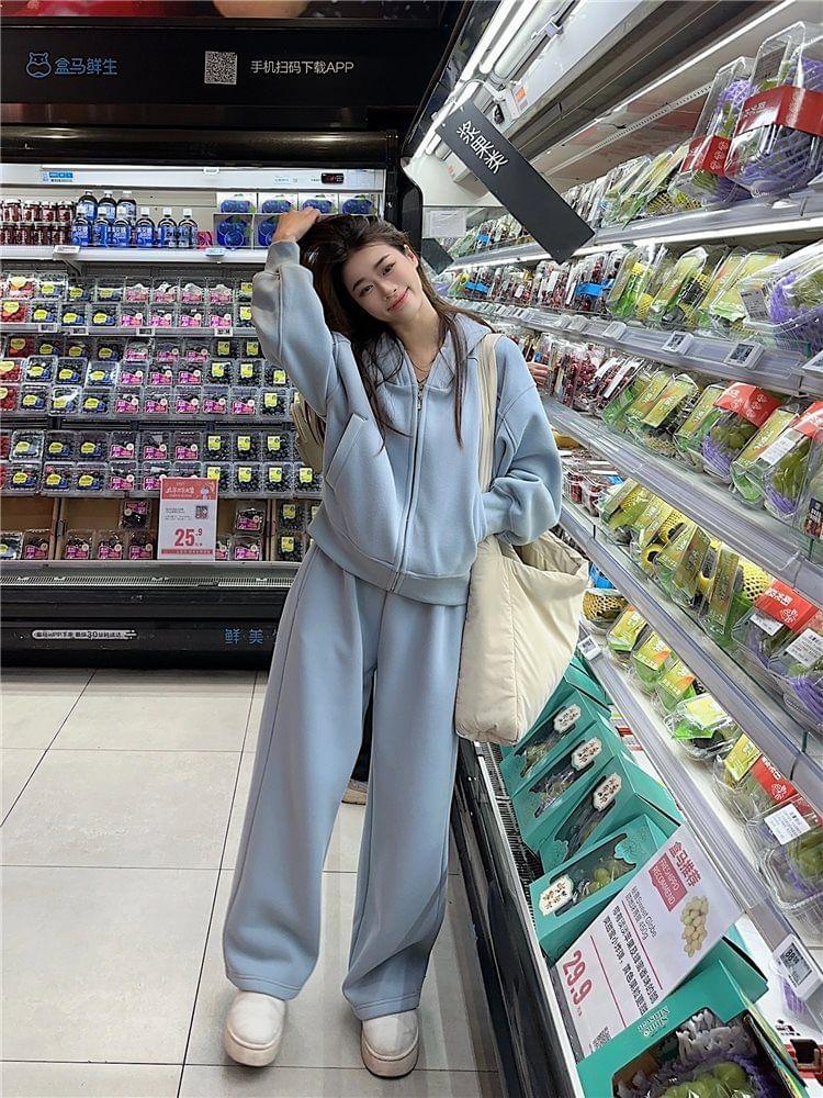 Plain Zip-Up Hoodie / High Waist Wide Leg Sweatpants Product Image