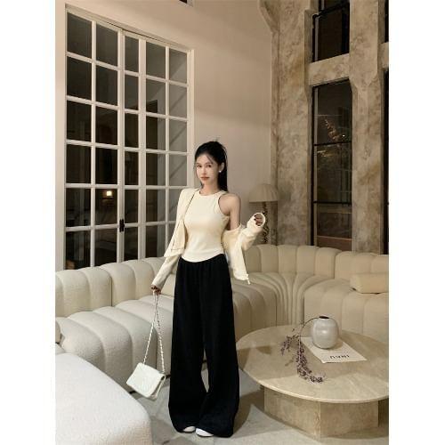 Plain Zip-Up Hoodie / Round Neck Slim Fit Crop Tank Top / High Rise Wide Leg Pants Product Image