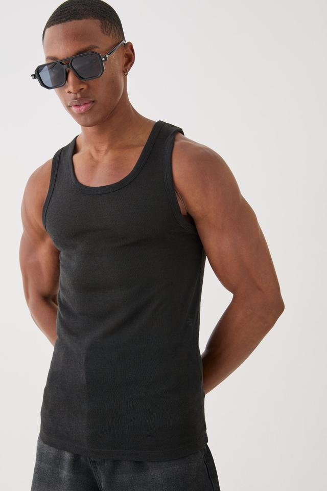 Mens Black Knitted Slub Muscle Fit Vest, Black Product Image