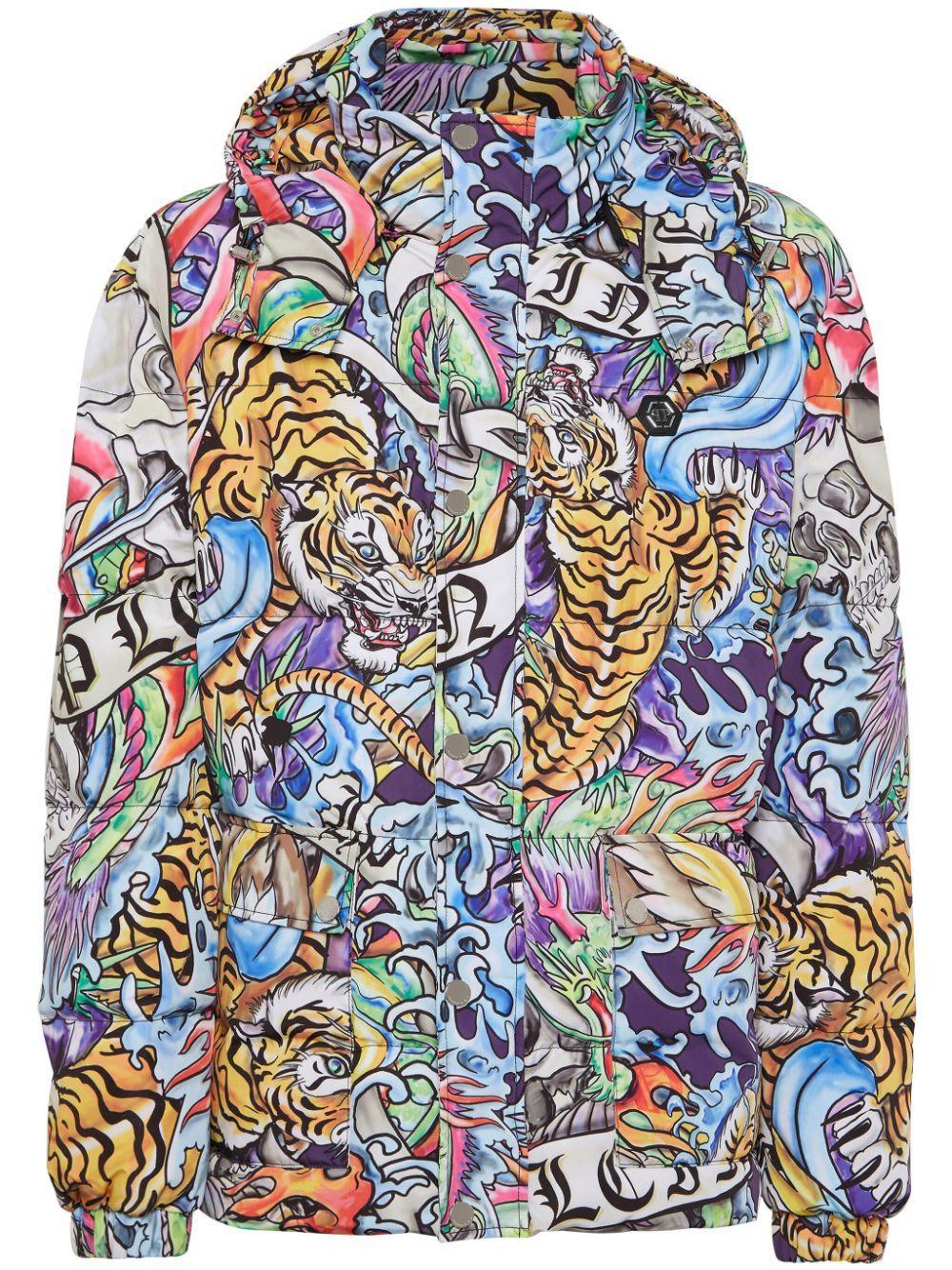 Tattoo-print Hooded Puffer Jacket In Blue Product Image