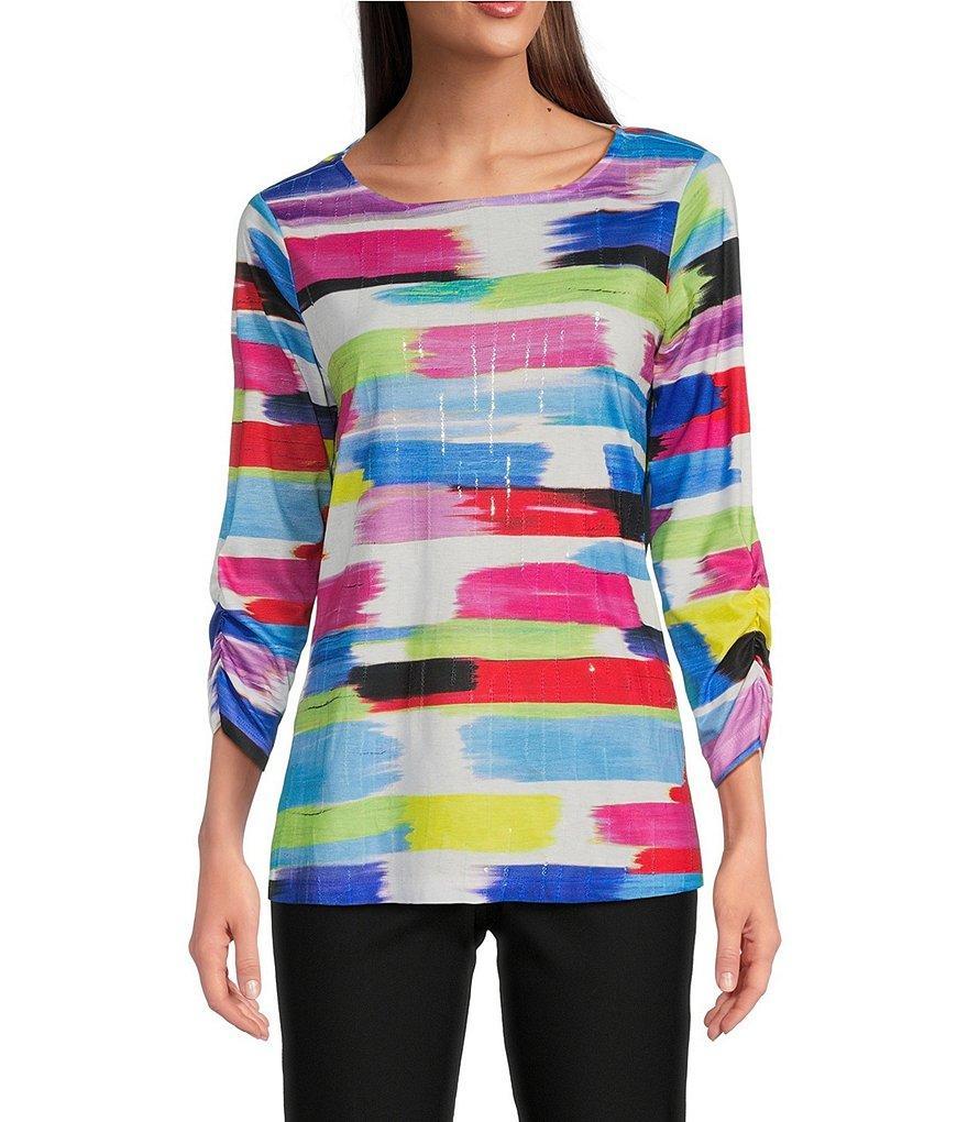 Ali Miles Knit Sequin Round Neck 3/4 Sleeve Abstract Print Pop Over Tunic Product Image