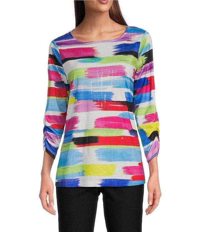 Ali Miles Knit Sequin Round Neck 3/4 Sleeve Abstract Print Pop Over Tunic Product Image