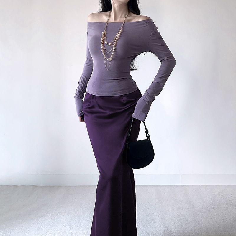 Set: Long-Sleeve Off Shoulder Top + High Rise Maxi Mermaid Skirt Product Image