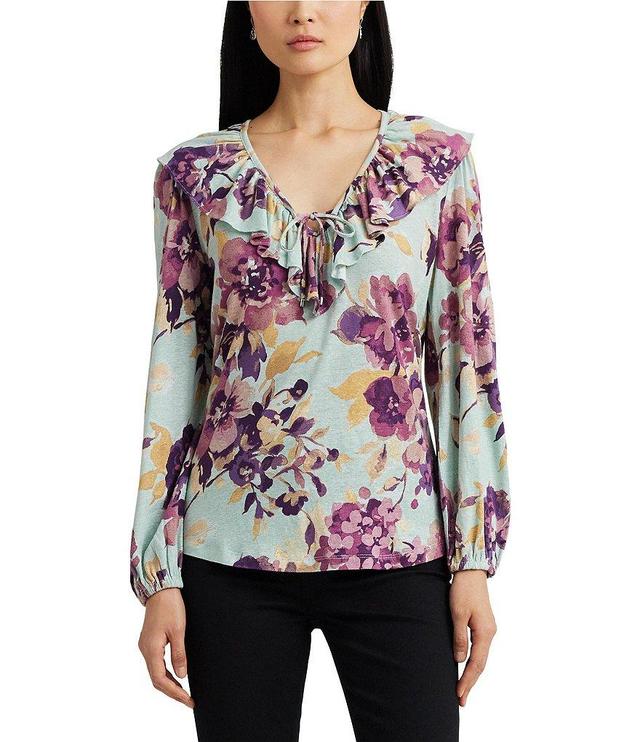 Lauren Ralph Lauren Jersey Floral Ruffle Trim Tie Neckline Top Product Image