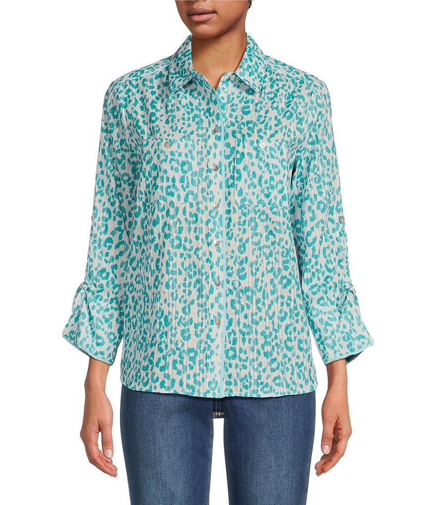 Tru Luxe Jeans 3/4 Drawstring Sleeve Mini Leopard Print Button Front Shirt Product Image