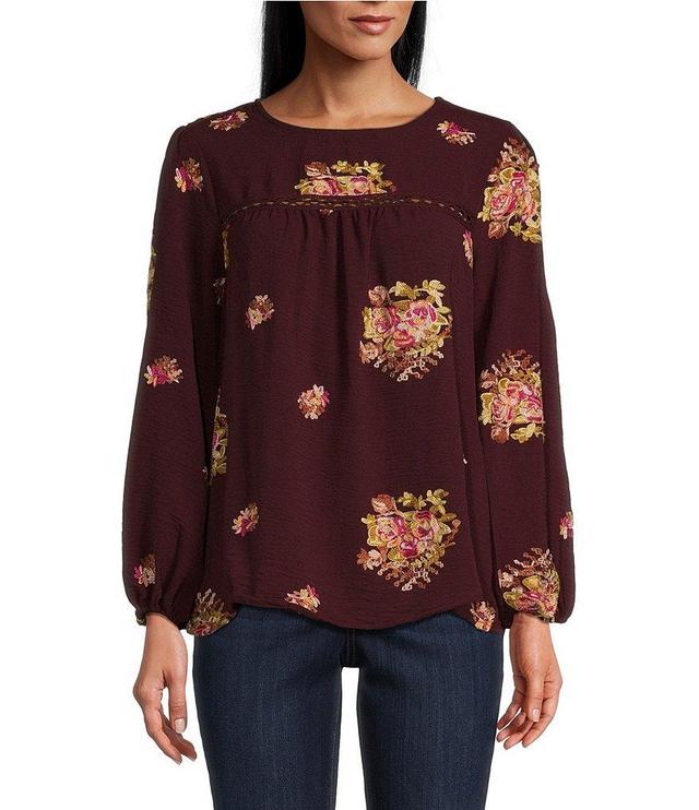 Figueroa & Flower Petite Size Woven Embroidery Crew Neck Long Sleeve Blouse Product Image