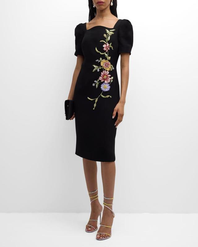 Puff-Sleeve Floral Applique Dress Product Image