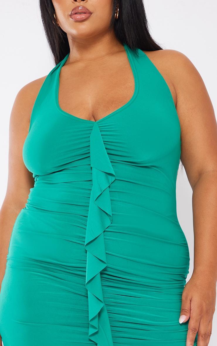 Plus Bright Green Ruffle Detail Halterneck Bodycon Dress Product Image