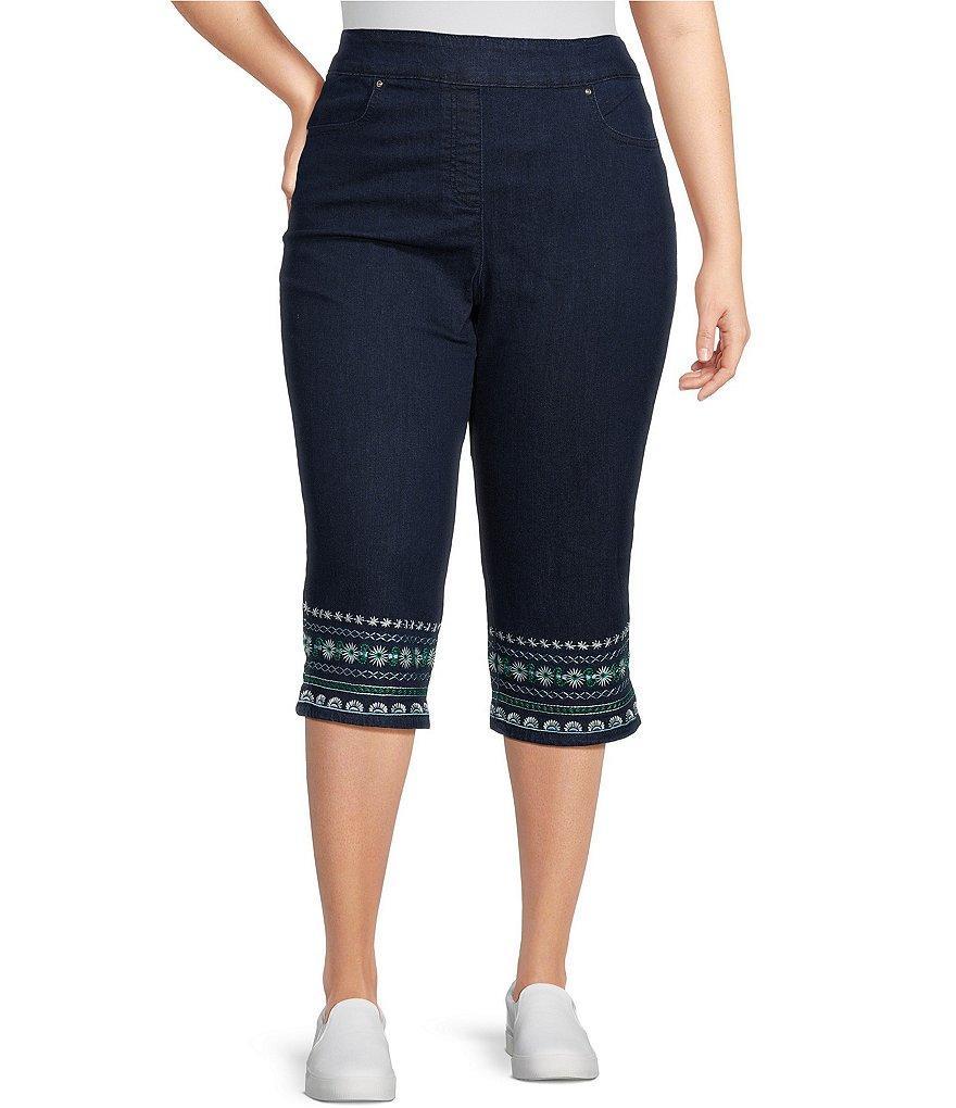 Allison Daley Plus Size Embroidered Hem Pull-On Stretch Denim Capris Product Image