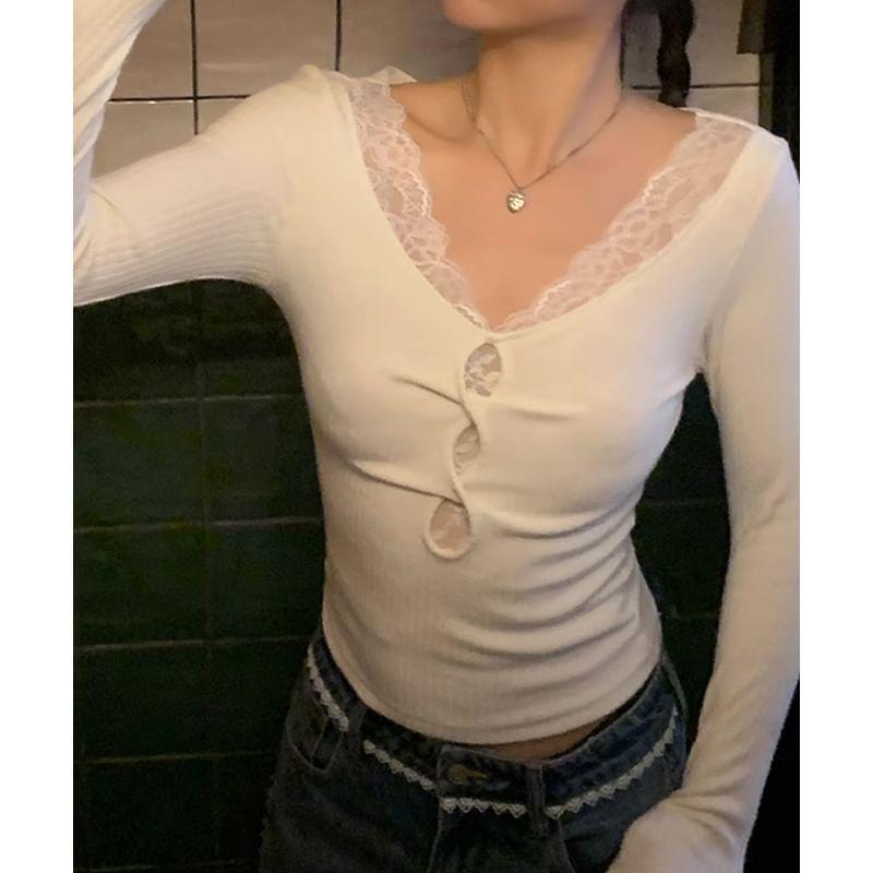 Long-Sleeve V-Neck Lace Trim Ribbed T-Shirt Product Image