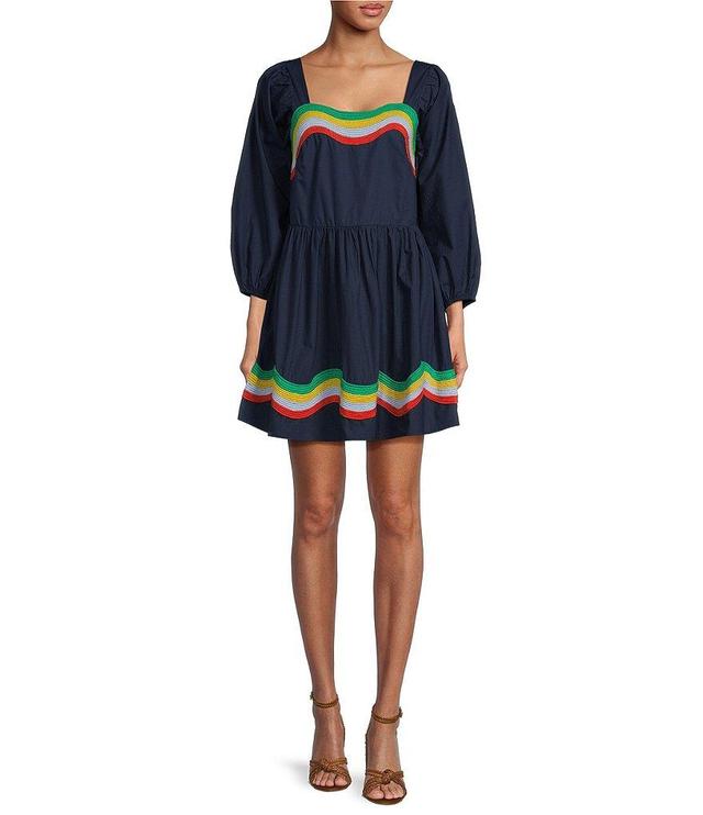COREY LYNN CALTER Ophelia Poplin Square Neck 3/4 Sleeve Wave Embroidered Mini A-Line Dress Product Image