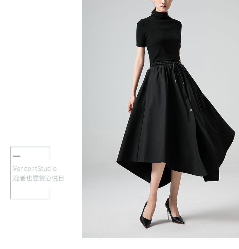 Drawstring Waist Plain Asymmetrical Buttoned Midi A-Line Skirt Product Image