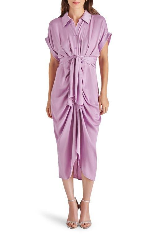 Steve Madden Tori Satin Point Collar Short Kimono Cuff Sleeve Belted Ruched Front Asymmetrical Hem Midi Shirt Dress Product Image