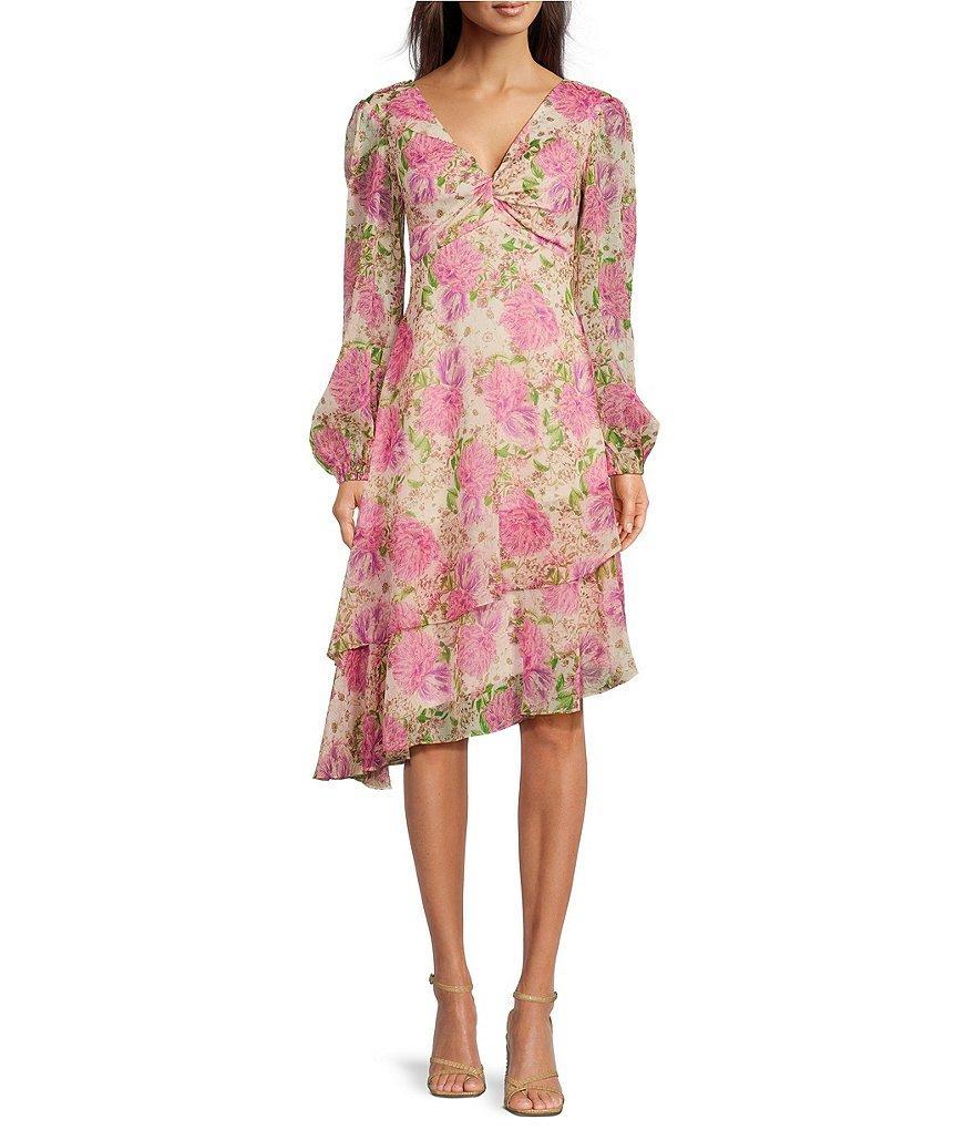 SIENA Floral V Neckline Long Sleeve Smocked Waist Asymmetrical Tiered Dress product image