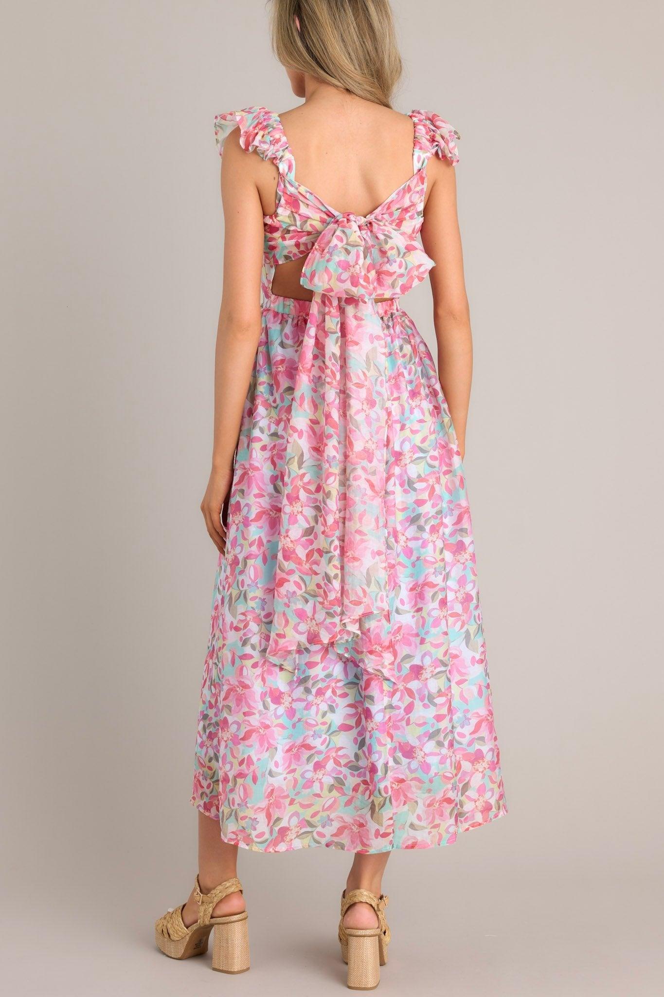 Garden Gala Pink Floral Ruffle Sleeve Midi Dress Product Image