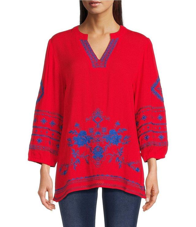 Calessa Embroidered V-Neck 3/4 Sleeve Tunic Product Image