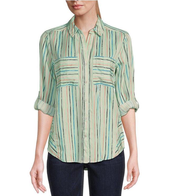 Westbound Petite Size Woven Roll Sleeve Spread Collar Button Front Shirt Product Image