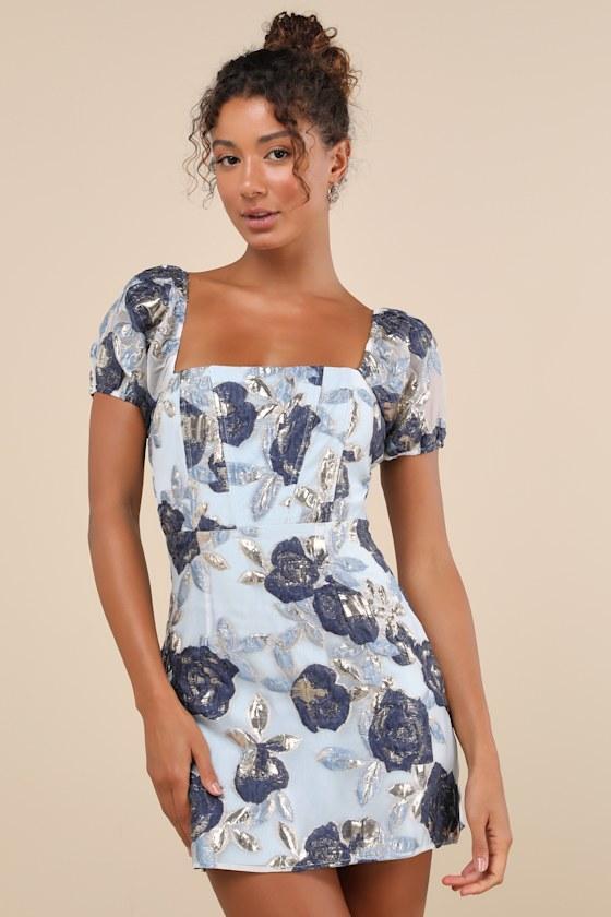 Cheerfully Perfect Blue Floral Jacquard Puff Sleeve Mini Dress Product Image